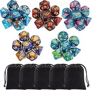 CiaraQ Polyhedral Dice Set (35 Pieces) with Black Pouches, 5 Complete Double-Colors Dice Sets of D4 