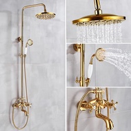 Polished Gold Brass Exposed Shower Faucet Set 8 Inch Rainfall Head Handheld Spray Tub Spout Mixer Tap Wall Mount ZD3094