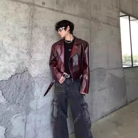 Ruby Red Men's Faux Leather Biker Jacket, Premium Angora-Inspired Motorcycle Coat, Y2K Streetwear Wo