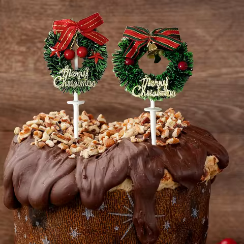 10pcs/pack Christmas Cake Decoration Christmas Grass Circle Leaves Bell Bow Merry Christmas Ornament