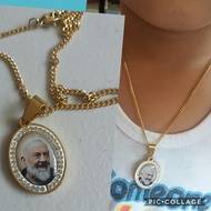 #0040E FOR KIDS PADRE PIO (WITH STONES) GOLD PLATED NECKLACE  - (35cm.LENGTH, THIN FLAT CHAIN)