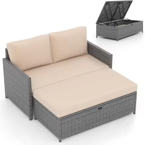 Outdoor Rattan Daybed, Wicker Loveseat & 31 Gallon Storage Ottoman w/Soft Cushions, Space-Saving 2-P