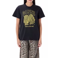 Ganni's Early Spring New Style Letter Owl Print Black Round Neck Short Sleeve T-Shirt Women's Top