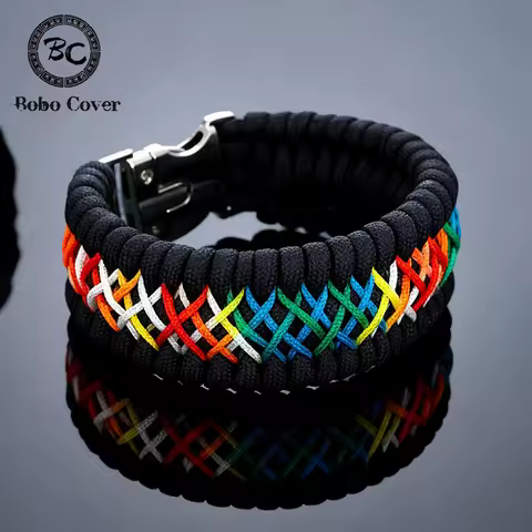 Handmade Paracord Rainbow Weave Survival Bracelet for Men Women Metal Buckle Outdoor Emergency Rope 