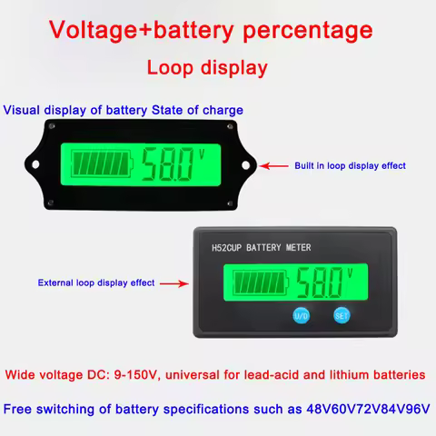 H52 Battery Capacity Indicator 12V 24V 36V 48V 60V 72V Lead Acid Lithium LiFePO4 Voltmeter Voltage G