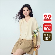 GIORDANO Women Blouses Gathered Notch Neck Crepe Blouses Raglan Sleeve Fashionable Casual Loose Blou