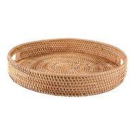 L1Round Rattan Serving Tray Decorative Woven Ottoman Trays with Handles for Coffee Table Natural