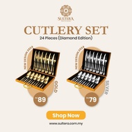 Sultera 12/24pcs Sultae Set Sudu Garfu Stainless Steel Rose Gold Black Fork Spoon Gold Premium Cutle