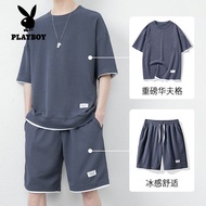 花花公子（PLAYBOY）华夫格休闲套装男夏季冰丝短袖t恤男装一套搭配帅气潮牌衣服 灰色套装 2XL