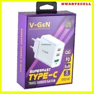 [HWARTZ] V-GEN VTC3-02 FAST CHARGING 2 PD QC4.0 TYPE C CHARGER ADAPTOR GAN 65W 2002J