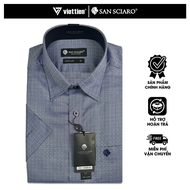 SAN SCIARO - Áo Sơ Mi Nam Tay Ngắn Màu Xám - Xanh Dương Caro Regular Lai Ngang Việt Tiến Cao Cấp