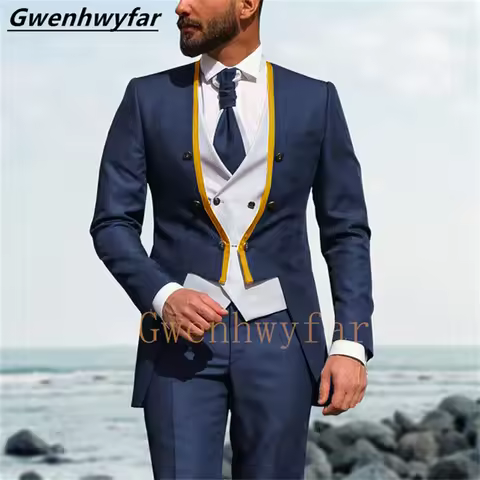 Gwenhwyfar Custom Double Breasted Men's Suits Phnom Penh Navy Blue Groom Wears Wedding Tuxedos 3 Bes