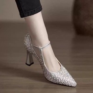 Pointed-Toe Mary Jane High Heels - 8cm Silver Studs