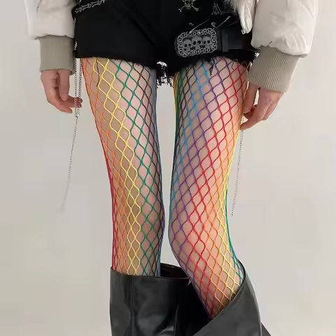 Y2K Rainbow Fishnet Stockings for Women Gradient Mesh Tights High Elastic Breathable Pantyhose Party