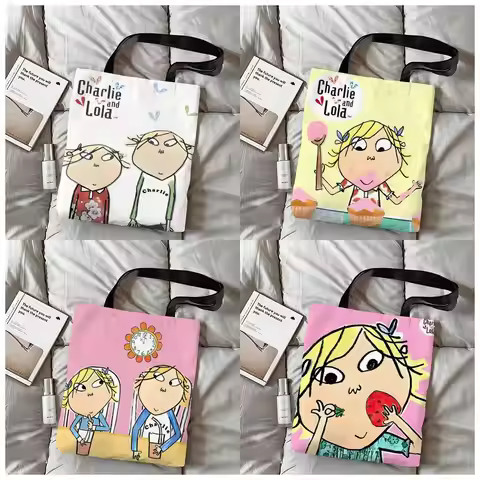 Charlie and Lola Anime Storage Bags Canvas Double-Sided Print Shoulder Handbag Reusable Eco-Friendly