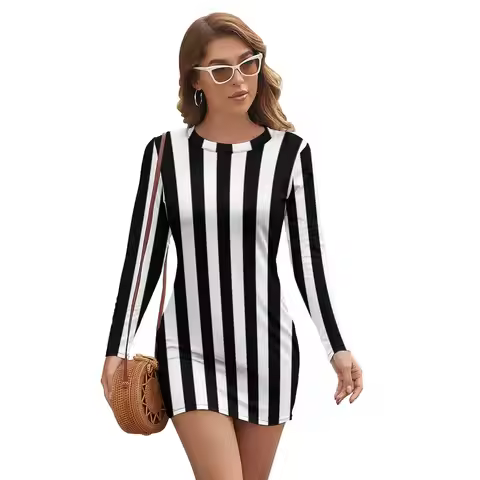 Vintage Striped Print Dress Long Sleeve Black White Vertical Stripes Night Club Dresses Autumn Lady 