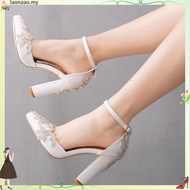 XSHXY · 7cm Thick Heel Pointed Shoes Hollow Square Root Sandals Rhinestone Wedding Women White Brida