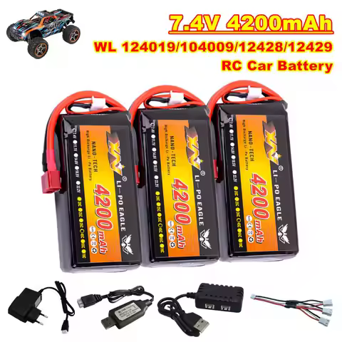 7.4V 4200mAh 2S Lipo Battery with T Plug For WL 124019/104009/12428/12429 Remote Control Car 7.4V Li
