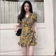 Mini Dress Rok Pendek Motif Bunga Merah dan Kuning model Ikat Kimono Style - Dres Gaun Baju Pakaian 