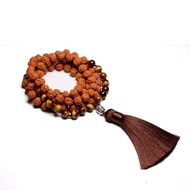ZZOOI Natural Rudraksha 108 Japamala Necklaces Knotted Tiger Eye Yoga Meditation Buddha Mala Necklac