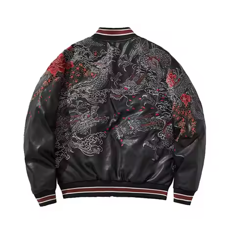 Streetwear Japanese Sukajan Souvenir Baseball Jacket Winter Autumn Chinese Dragon Embroidered Woolen