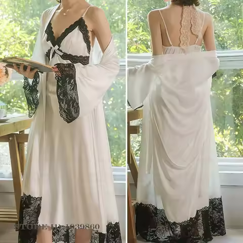 Women's 2PCS Robe Nightgown Set Elegant Lace Long Kimono Bathrobe Gown Spring Summer New Sleepwear H