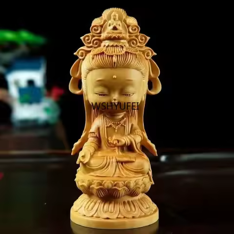 Woodcarving Cartoon Guanyin Statue Hand Carving Solid Wood Buddhist Feng Shui Guanyin Home Room Offi