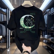 2024 New Pure Cotton Men's Simple Street Wear Cute Rabbit Printed Casual Basic Top Summer Short Slee