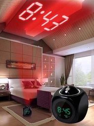 1只現代簡約新式多功能led投影時鐘,配備計時器,具有溫度顯示和語音廣播功能的投影鬧鐘,含電池和數據線的鬧鐘。