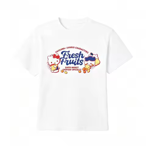 Kawaii Chiikawa Sanrio Collab T‑shirt Hello Kitty Hachiware Fresh Fruits Retro Print Casual Loose Sh