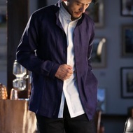 男亞麻立領襯衫上衣 現代中山裝 臺灣紳仕文人衣著 - 丈青