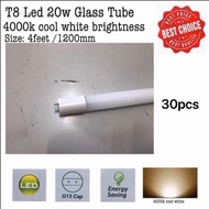 30pcs LED T8 20w 4ft glass tube  4000k (cool white)