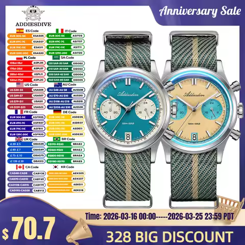 ADDIESDIVE Men‘s Chronograph Watch BGW9 Super Luminous 10Bar Waterproof Bubble Mirror Glass VK64 Qua