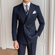Mr. Lusan Banquet Gold Silk Striped Double Breasted Elegant Business Suit Suit British Business Casu