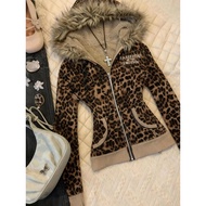 American Style y2k Autumn Winter Style Leopard Print Letter Fur Cardigan Jacket Asian Culture Wastel