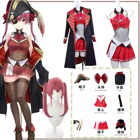 Anime VTuber Hololive Houshou Marine Captain Cosplay Costume Full Set Uniform Dress Suit Shoes Wig C