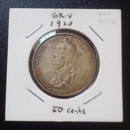 1920  Straits Settlements 50 Cents Silver Coin King George V Old Coin Duit Lama #060