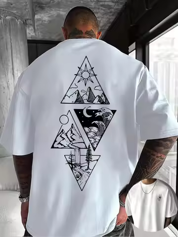 Men's Creative Front and Back Pattern Printed Crew-neck T-shirt 100% Cotton Summer Trendy Short-slee