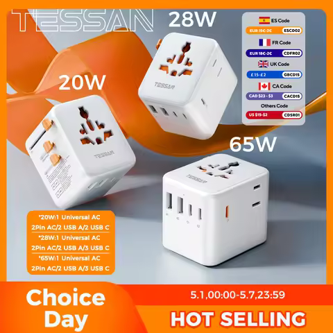 TESSAN GaN Universal Travel Adapter with USB Ports 65W 28W 20W International Plug Adapter Compact Wo