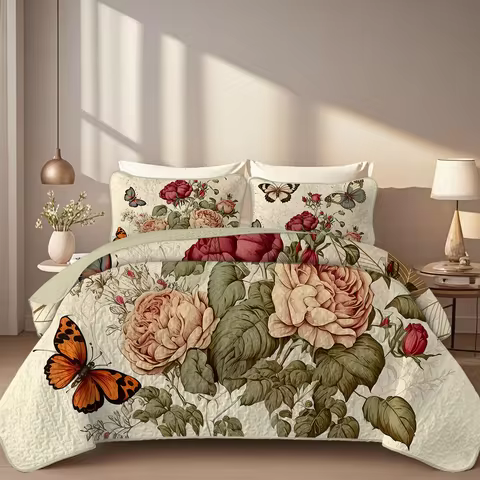 2/3-Piece Floral Printed Quilt Set, Cal King, Durable, Breathable, and Unique Summer Bedding Set, In