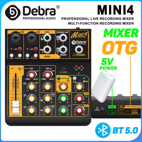 Debra Mini4/6 6-Channel Audio Mixer, DJ Console with Bluetooth 5.0 OTG Reverb 48V Sound Card for PC