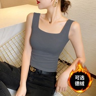方领吊带背心女士内搭德绒保暖美背性感打底衫锁骨紧身上衣女纯棉Square collar camisole vest for women, with German velvet lining for w