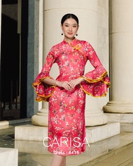 [4436] เดรสกี่เพ้าลายดอกไม้คอจีน ผ้าคอตตอลสเปนเด็กซ์ แต่งแขนกระดิ่งยาว ดีไซน์ผ่าข้าง