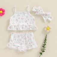 【Lokal】Infant Baby Girl Summer 3 Piece Set  Floral Print Spaghetti Strap Ruffle Tops + Elastic Waist