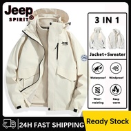 JEEP SPIRIT Pasangan Musim Sejuk 3-dalam-1กันลม dan Kalis Air Pelbagai Fungsi Jaket Luar Gunung Jake