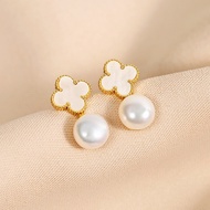 Four-leaf  Clover Earrings 925 Silver Needle Authentic Freshwater Pearls Simple Temperament