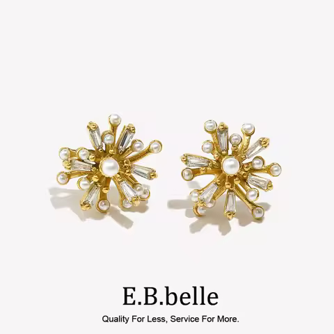 E.B.belle Pearl Zircon Flower Earrings Waterproof 316L Stainless Steel Women's Earrings 18K Gold Pla