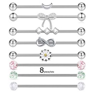 8 Piece/lots Industrial Earring Stud 14Gauge Piercing Stainless Steel Zirconia