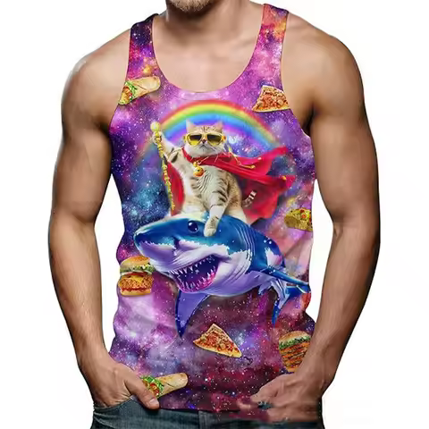 Funny Shark Cat 3D Print Tank Tops Men's Summer Oversized O-Neck Vest Fitness Gym Streetwear Sleevel