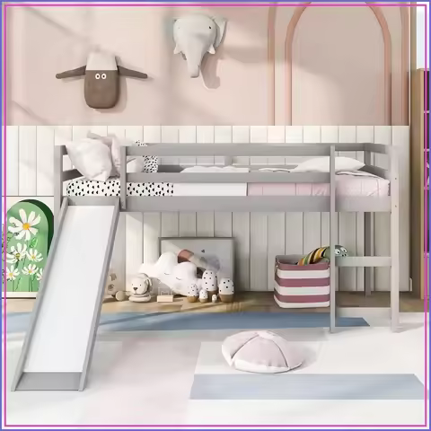 Twin Size Loft Bed Frame with Slide for Kids, Solid Wood Low Loft Bed, Gray
